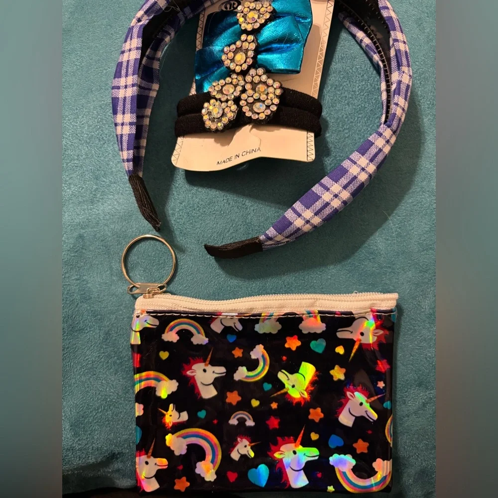 Plaid Headband and Unicorn Pouch Set